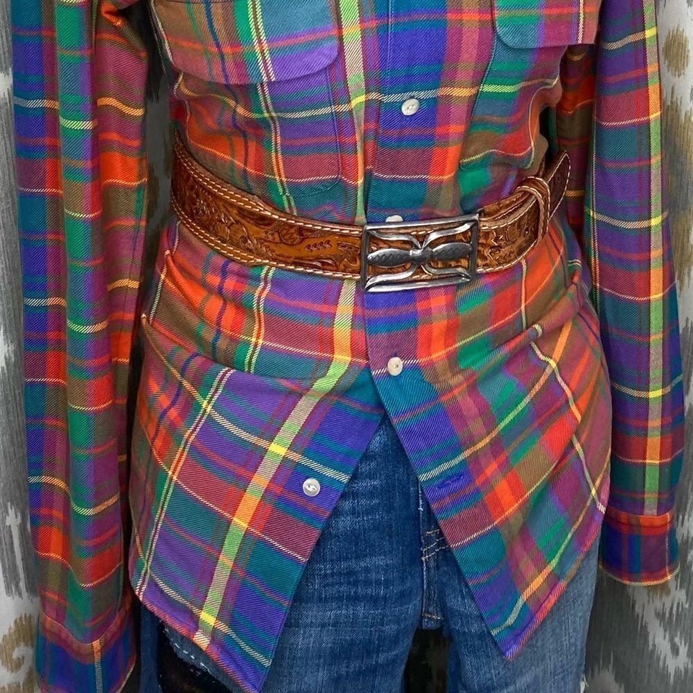 Ralph Lauren Bright Jewel-Tone Check Plaid Cotton Flannel Suede Patch Workshirt - Picture 15 of 16